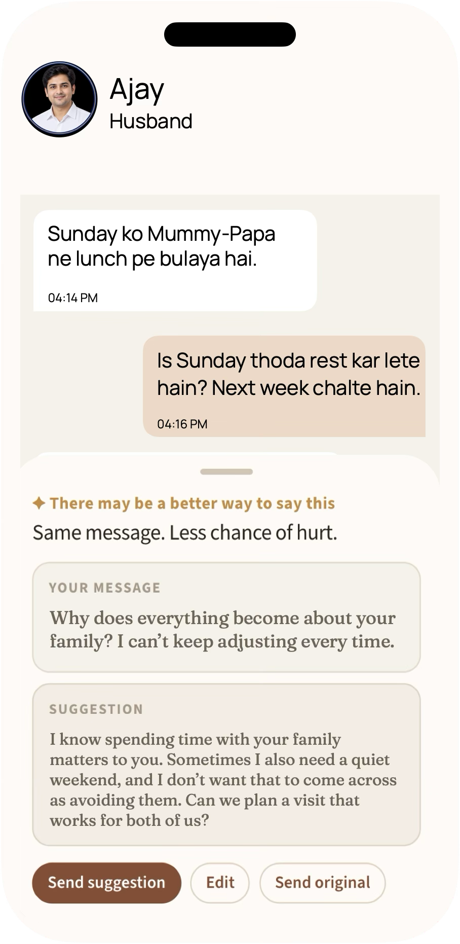 GharSetu showing the original message beside a clearer suggestion, with choices to send the suggestion, edit it, or send the original.