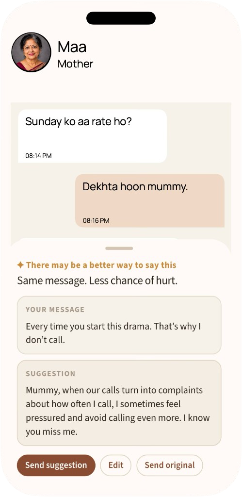 GharSetu showing the sharp reply beside a clearer suggestion for Maa, with choices to send the suggestion, edit it, or send the original.