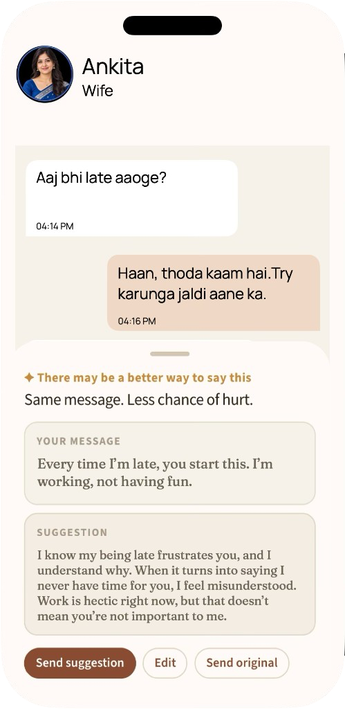 GharSetu showing the sharp reply beside a clearer suggestion, with choices to send the suggestion, edit it, or send the original.